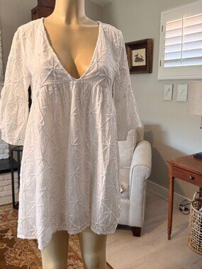 LARA ETHNICS White Cotton Mini Dress w/ Deep V Neckline & Bell Sleeves